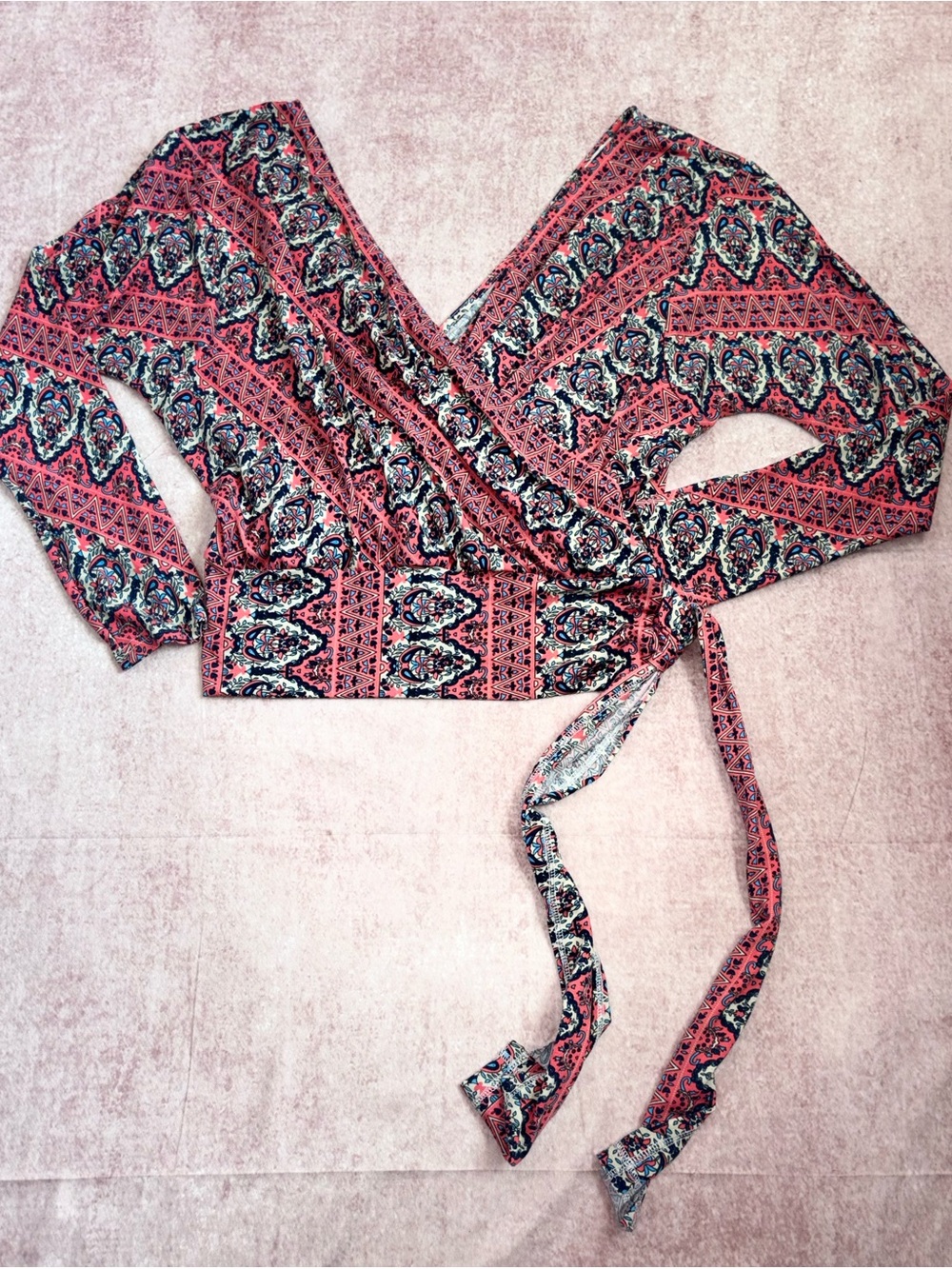 Size Large Boho Crossover V-Neckline Wrap Crop Top with Tie Detail.